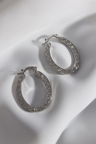 Desenli Oval Gümüş Renk Vintage Halka Küpe