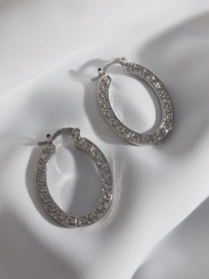Desenli Oval Gümüş Renk Vintage Halka Küpe