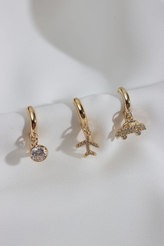 3'Lü Uçak Figürlü Gold Renk Küpe