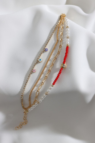 4'Lü Kırmızı Boncuk Detaylı Gold Renk Çoklu Bileklik