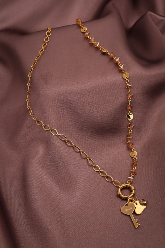 Bal Rengi Kristal Taşlı Gold Renk Kolye