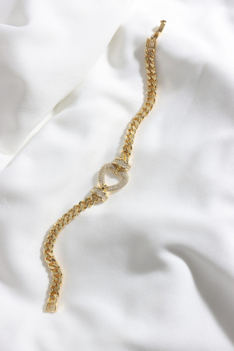 Kalp Figür Çok Taşlı Gold Renk Çelik Zincir Bileklik