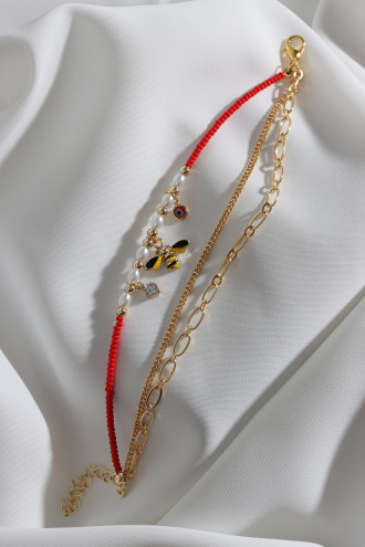 3'Lü Kırmızı Boncuklu Arı Figür Gold Renk Zincir Bileklik