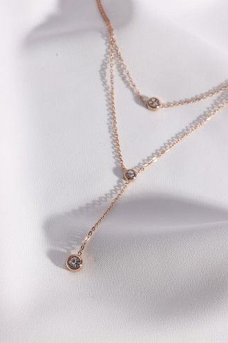 Çelik Gold Renk 3'Lü Tek Taş Süzme Kolye