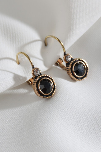 Kadın Siyah Yuvarlak Taşlı Otantik Küpe