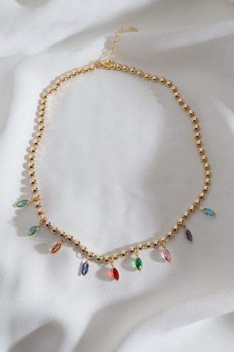 Renkli Badem Taş Sallantılı Gold Renk Kolye