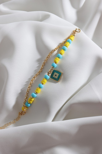 2'Li Sarı Fimo Boncuklu Kare Sallantılı Mineli Bileklik