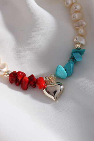 Doğal Taşlı İncili Kalp Uçlu Gold Renk Bileklik