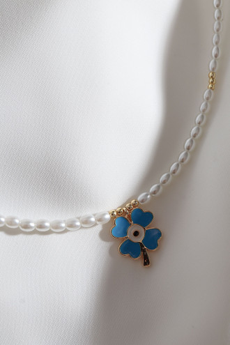 Mavi Mineli Yonca Figür Inci Kolye