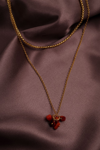 Kırmızı Doğal Taş Sallantılı Ikili Zincir Kolye