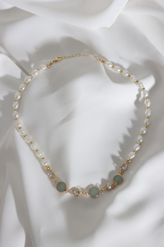 Yeşil Yuvarlak Taşlı İnci Kolye