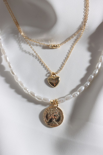 Incili 3'Lü Gold Renk Kolye