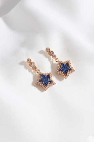 Lacivert Taşlı Sallantılı Gold Renk Yıldız Küpe