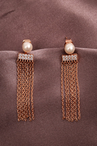 Incili Zincir Sallantılı Rose Küpe