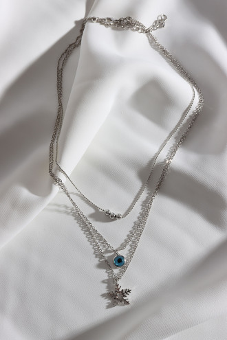 3'Lü Kar Tanesi Ve Nazar Uçlu Gümüş Renk Kolye