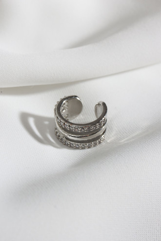 Üç Sıralı Taşlı Tek Sıkıştırmalı Gümüş Renk Kıkırdak Küpe