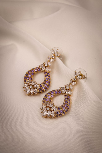 Gold Renk Mor Zircon Taşlı Sallantılı Abiye Küpe