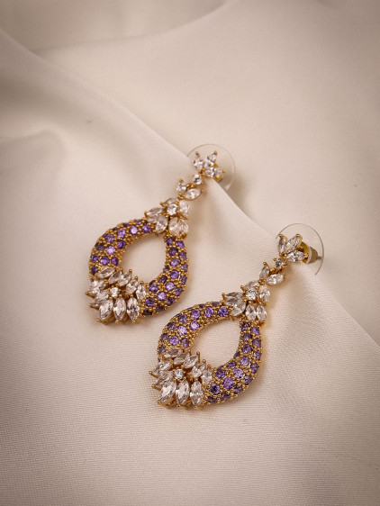 Gold Renk Mor Zircon Taşlı Sallantılı Abiye Küpe
