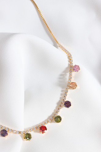 Renkli Zircon Taşlı Vip Gold Renk Abiye Kolye