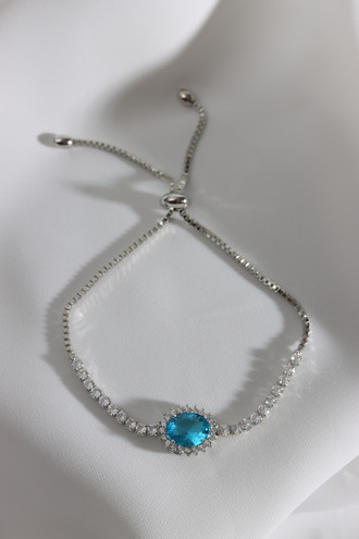 Oval Mavi Zircon Taşlı Anturaj Gümüş Renk Su Yolu Asansörlü Bileklik