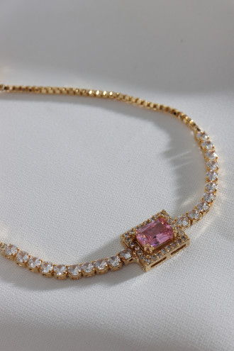 Pembe Baget Taşlı Gold Renk Asansörlü Zircon Su Yolu Bileklik