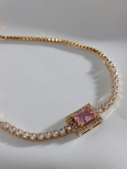 Pembe Baget Taşlı Gold Renk Asansörlü Zircon Su Yolu Bileklik