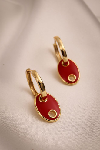 Düğme Model Kırmızı Mineli Gold Renk Halka Küpe