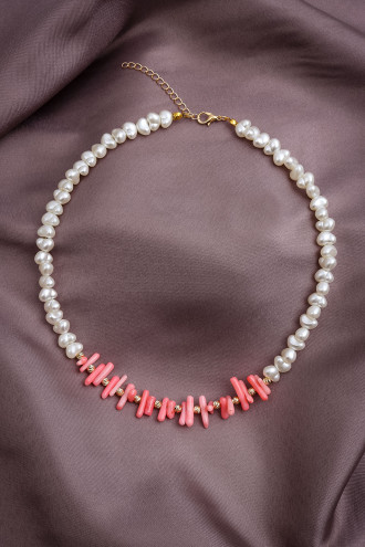 Pembe Doğal Taşlı Inci Kolye