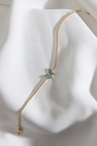 Turkuaz Taşlı Kelebek Figürlü Zircon Taş Gold Renk Suyolu Bileklik