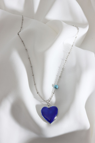 Lacivert Mineli Kalp Kapaklı Çift Taraflı Kullanıma Uygun Gümüş Renk Kolye