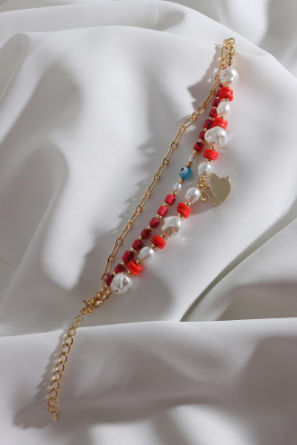 3'Lü Gold Renk Kırmızı Boncuklu Inci Detay Kuğu Bileklik