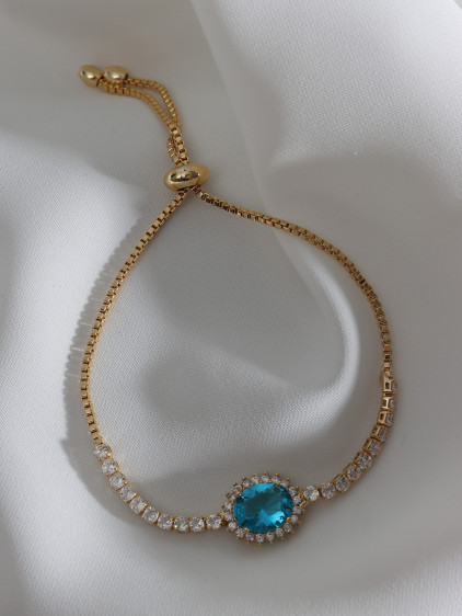 Oval Mavi Zircon Taşlı Anturaj Gold Renk Su Yolu Asansörlü Bileklik