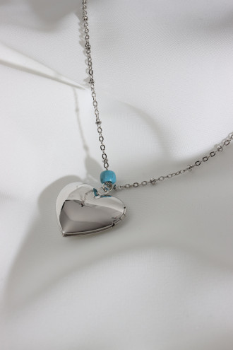 Mavi Mineli Kalp Kapaklı Çift Taraflı Kullanıma Uygun Gümüş Renk Kolye