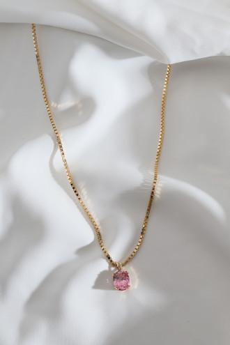 Pembe Büyük Tek Taşlı Gold Renk Kolye