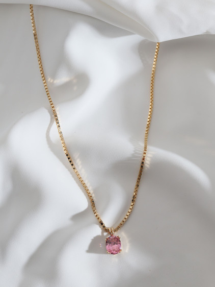 Pembe Büyük Tek Taşlı Gold Renk Kolye