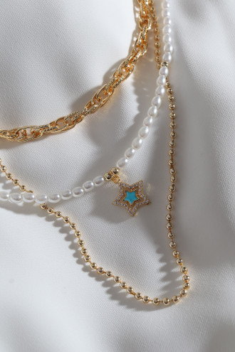 3'Lü Inci Detay Mavi Mineli Yıldız Uçlu Gold Renk Zincir Kolye