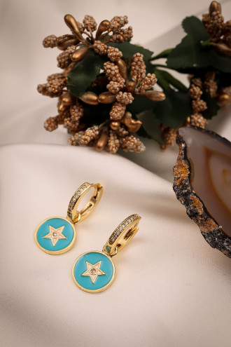 Mavi Mineli Yıldız Figür Gold Renk Halka Küpe