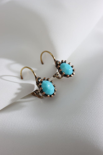 Yuvarlak Mavi Taşlı Kadın Otantik Küpe