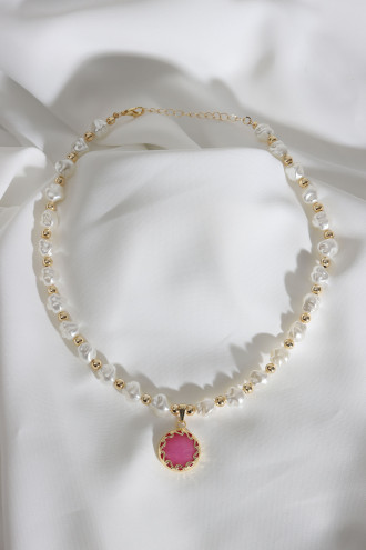 Gold Renk Pembe Taşlı Inci Kolye