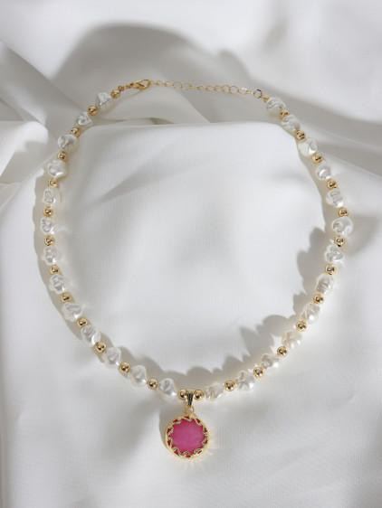 Gold Renk Pembe Taşlı Inci Kolye