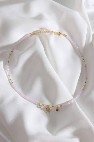 Kelebek Charmlı İnci Detay Pembe Boncuk Kolye