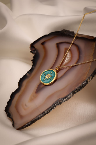 Mavi Mineli Kutup Yıldızı Figürlü Gold Renk Kolye