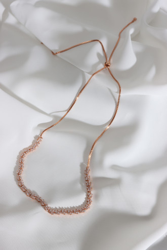 Yaprak Detaylı Asansörlü Taşlı Rose Renk Abiye Kolye