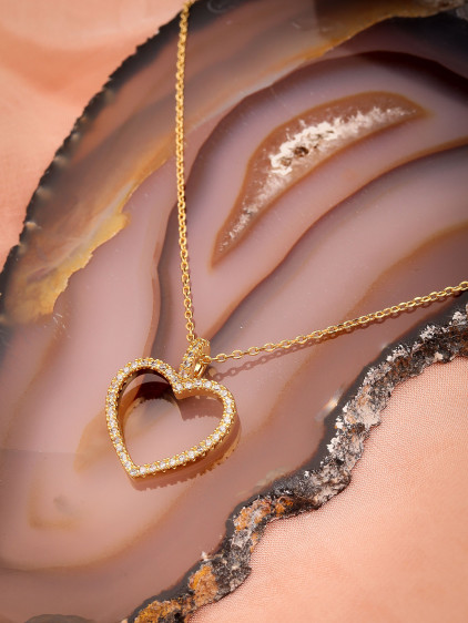 Zircon Taşlı Gold Renk Kalp Kolye