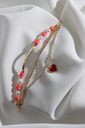 3'Lü Pembe Fimo Boncuklu Şerit Kalp Bileklik