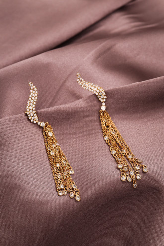 Zincir Sallantılı Taşlı Gold Renk Abiye Küpe