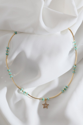 Yıldız Uçlu Yeşil Boncuk Boru Detay Gold Renk Kolye