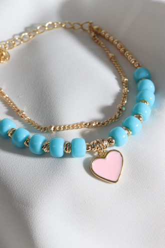 Mavi Boncuklu Pembe Mineli Kalp Uçlu Bileklik
