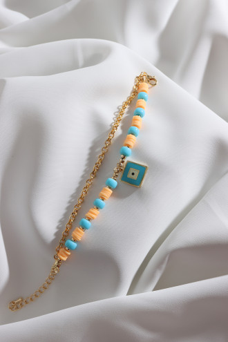 2'Li Turuncu Fimo Boncuklu Kare Sallantılı Bileklik