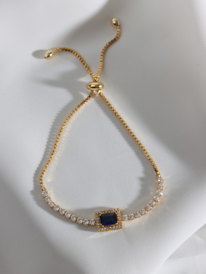 Lacivert Baget Taşlı Gold Renk Asansörlü Zircon Su Yolu Bileklik
